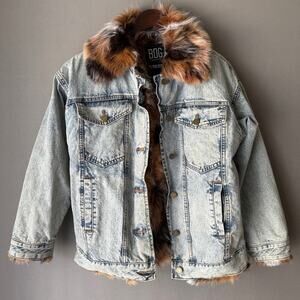 BDG Urban Outfitters sz XS animal‎ fur print interior Denim Jacket